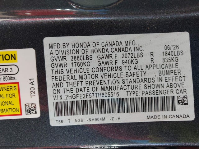 Продаж на аукціоні авто 2026 Honda Civic Sport, vin: 2HGFE2F57TH605516, номер лоту: 45850944