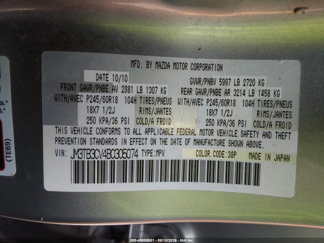 Продаж на аукціоні авто 2011 Mazda Cx-9 Touring, vin: JM3TB3CV4B0305074, номер лоту: 45850951