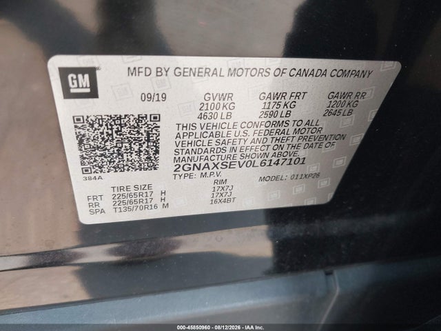 2020 Chevrolet Equinox Awd Ls მანქანა იყიდება აუქციონზე, vin: 2GNAXSEV0L6147101, აუქციონის ნომერი: 45850960