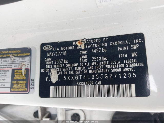 Продажа на аукционе авто 2018 Kia Optima Lx, vin: 5XXGT4L35JG271235, номер лота: 45850972