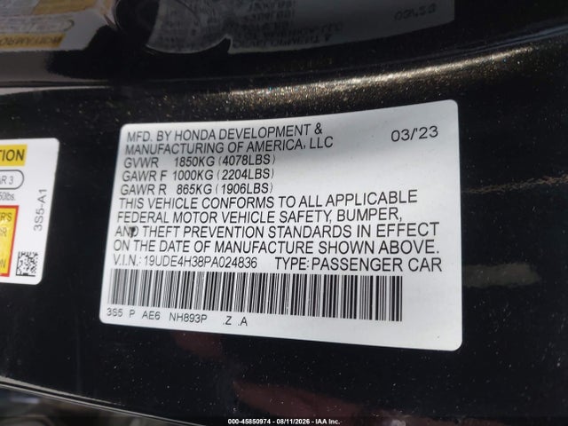 Auction sale of the 2023 Acura Integra A-spec, vin: 19UDE4H38PA024836, lot number: 45850974