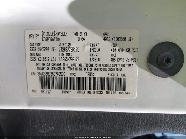 Aukcja sprzedaży 2005 Dodge Ram 2500 St/slt, vin: 3D7KS28C95G708589, numer aukcji: 45850975