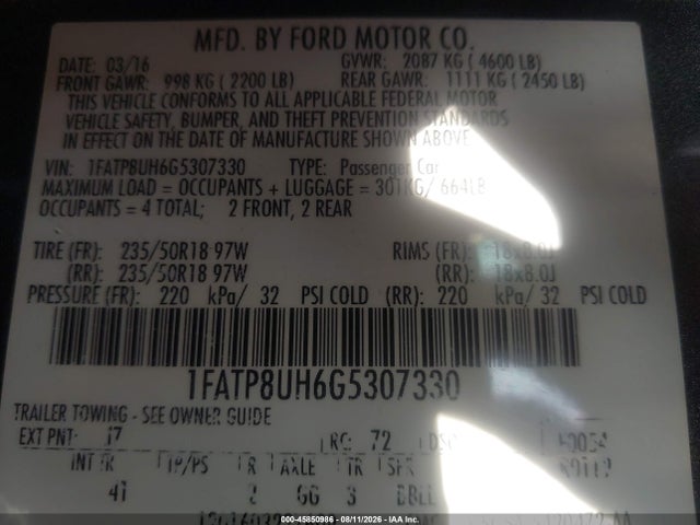 2016 Ford Mustang Ecoboost Premium მანქანა იყიდება აუქციონზე, vin: 1FATP8UH6G5307330, აუქციონის ნომერი: 45850986