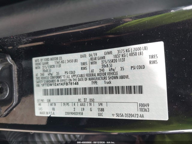 2019 Ford F-150 Xlt მანქანა იყიდება აუქციონზე, vin: 1FTEW1E41KFB78148, აუქციონის ნომერი: 45850988