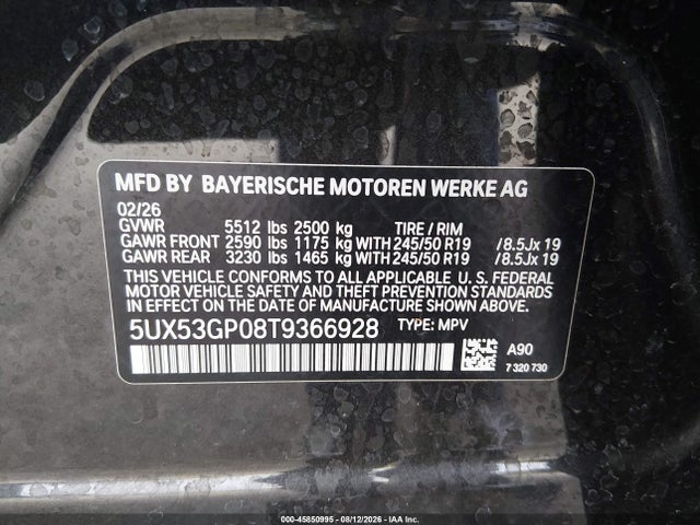 2026 Bmw X3 30 Xdrive მანქანა იყიდება აუქციონზე, vin: 5UX53GP08T9366928, აუქციონის ნომერი: 45850995