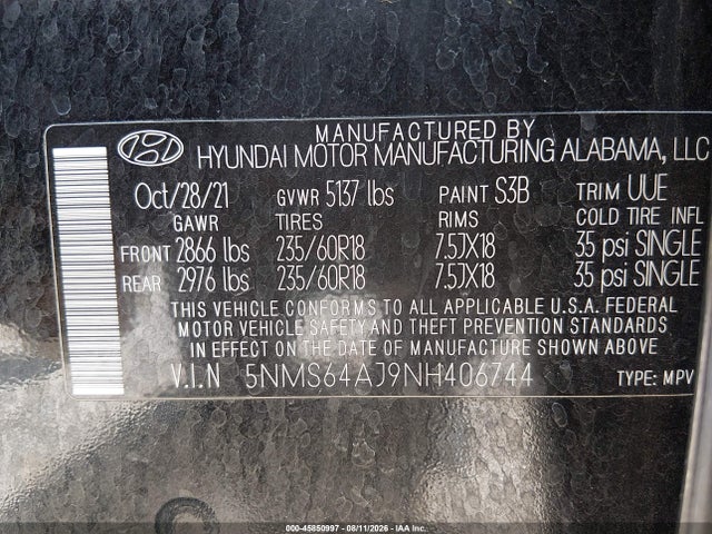 Продажа на аукционе авто 2022 Hyundai Santa Fe Sel, vin: 5NMS64AJ9NH406744, номер лота: 45850997