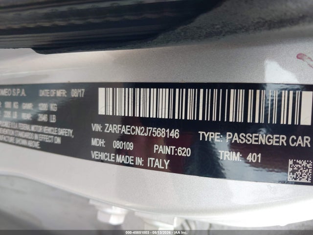 Продаж на аукціоні авто 2018 Alfa Romeo Giulia Ti Sport Rwd, vin: ZARFAECN2J7568146, номер лоту: 45851003