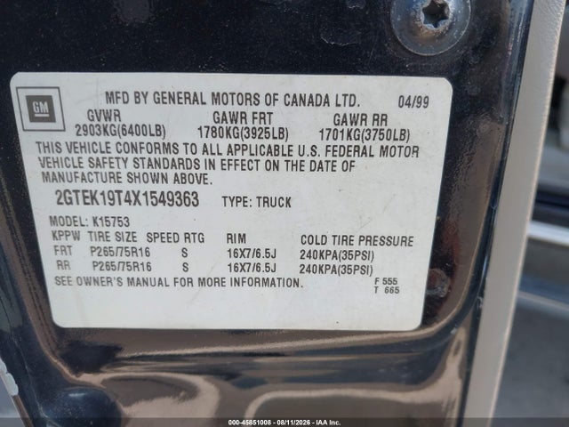 Продаж на аукціоні авто 1999 Gmc New Sierra 1500 Sle, vin: 2GTEK19T4X1549363, номер лоту: 45851008
