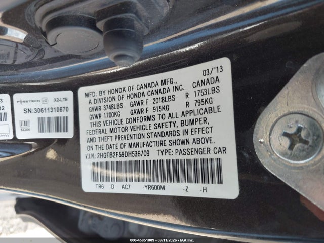 Продаж на аукціоні авто 2013 Honda Civic Lx, vin: 2HGFB2F59DH536709, номер лоту: 45851009