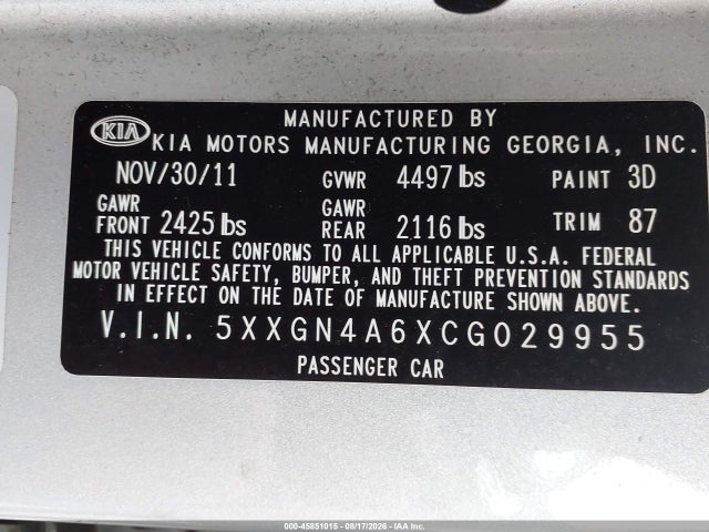 2012 Kia Optima Ex Turbo მანქანა იყიდება აუქციონზე, vin: 5XXGN4A6XCG029955, აუქციონის ნომერი: 45851015