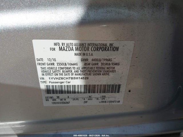 Aukcja sprzedaży 2011 Mazda Mazda6 I Touring, vin: 1YVHZ8CH7B5M14529, numer aukcji: 45851020