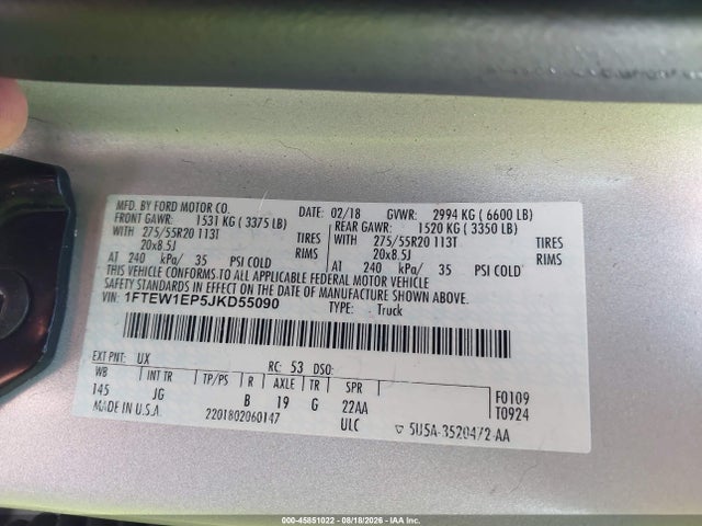 Aukcja sprzedaży 2018 Ford F-150 Xl, vin: 1FTEW1EP5JKD55090, numer aukcji: 45851022