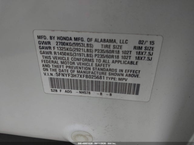 45851029 :رقم المزاد ، 5FNYF3H7XFB025681 vin ، 2015 Honda Pilot Ex-l مزاد بيع