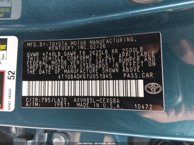 2026 Toyota Camry Xle მანქანა იყიდება აუქციონზე, vin: 4T1DBADK6TU051945, აუქციონის ნომერი: 45851034