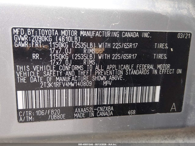 Aukcja sprzedaży 2021 Toyota Rav4 Le, vin: 2T3K1RFV4MW140809, numer aukcji: 45851046