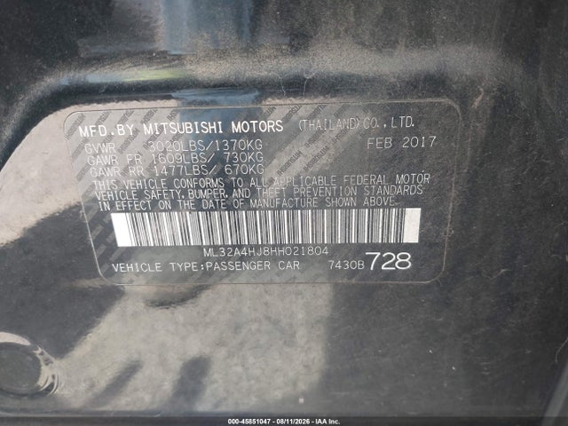 Aukcja sprzedaży 2017 Mitsubishi Mirage Se, vin: ML32A4HJ8HH021804, numer aukcji: 45851047