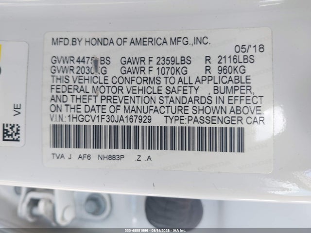 Продаж на аукціоні авто 2018 Honda Accord Sport, vin: 1HGCV1F30JA167929, номер лоту: 45851056