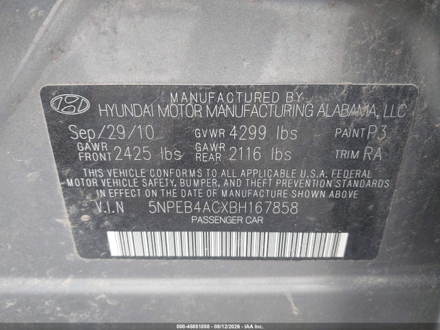 Aukcja sprzedaży 2011 Hyundai Sonata Gls, vin: 5NPEB4ACXBH167858, numer aukcji: 45851058
