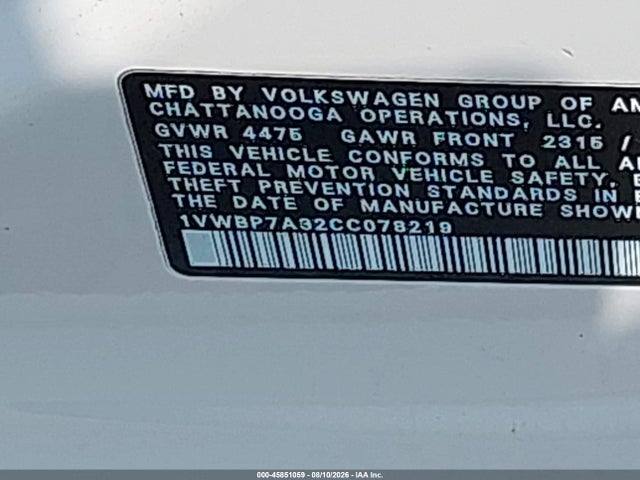 Продаж на аукціоні авто 2012 Volkswagen Passat 2.5l Se, vin: 1VWBP7A32CC078219, номер лоту: 45851059