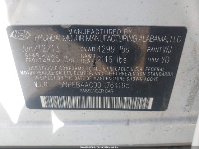 45851086 :رقم المزاد ، 5NPEB4AC0DH764195 vin ، 2013 Hyundai Sonata Gls مزاد بيع