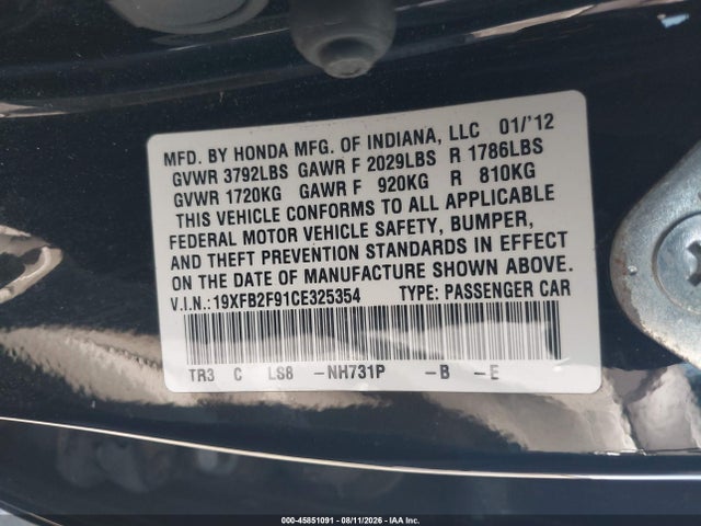 45851091 :رقم المزاد ، 19XFB2F91CE325354 vin ، 2012 Honda Civic Ex-l مزاد بيع