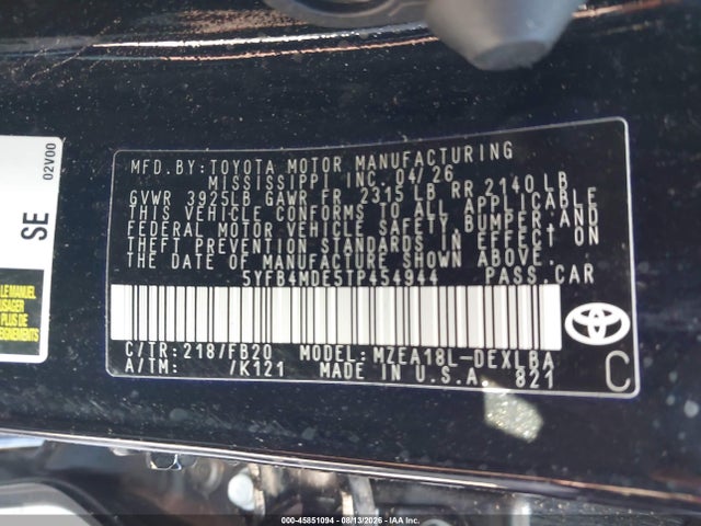 Продажа на аукционе авто 2026 Toyota Corolla Le, vin: 5YFB4MDE5TP454944, номер лота: 45851094