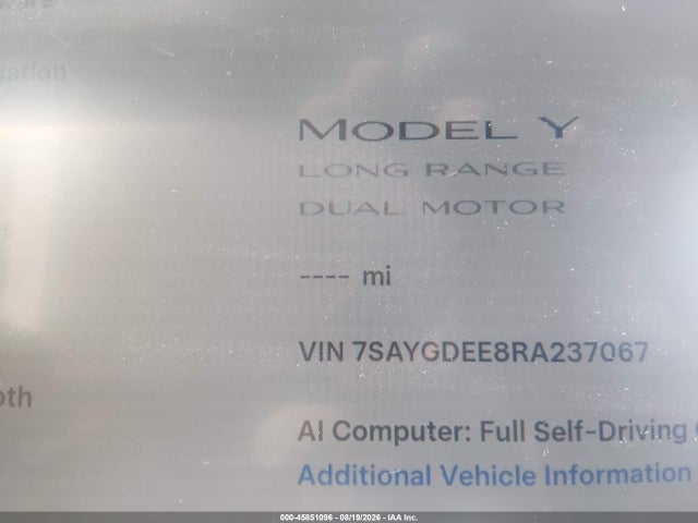 Продажа на аукционе авто 2024 Tesla Model Y Long Range Dual Motor All-wheel Drive, vin: 7SAYGDEE8RA237067, номер лота: 45851096
