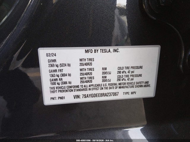 Продажа на аукционе авто 2024 Tesla Model Y Long Range Dual Motor All-wheel Drive, vin: 7SAYGDEE8RA237067, номер лота: 45851096