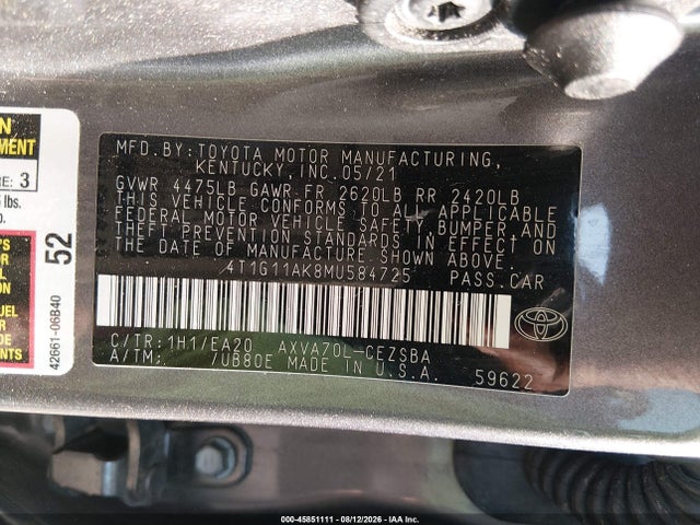 Продажа на аукционе авто 2021 Toyota Camry Se, vin: 4T1G11AK8MU584725, номер лота: 45851111