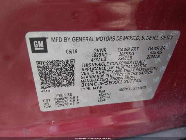 45851113 :رقم المزاد ، 3GNCJPSBXKL367745 vin ، 2019 Chevrolet Trax Lt مزاد بيع