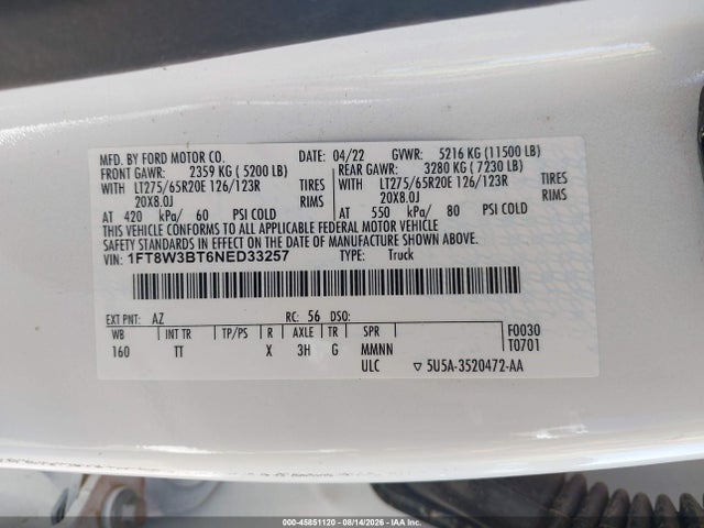 2022 Ford F-350 Limited მანქანა იყიდება აუქციონზე, vin: 1FT8W3BT6NED33257, აუქციონის ნომერი: 45851120