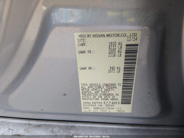 Aukcja sprzedaży 2015 Nissan Altima 2.5 S, vin: 1N4AL3AP5FN377403, numer aukcji: 45851155