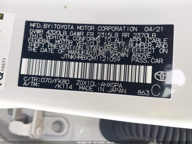 2021 Toyota C-hr Xle მანქანა იყიდება აუქციონზე, vin: JTNKHMBX2M1121059, აუქციონის ნომერი: 45851160