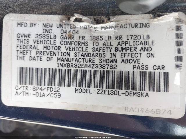 45851161 :رقم المزاد ، 1NXBR32E84Z338782 vin ، 2004 Toyota Corolla S مزاد بيع
