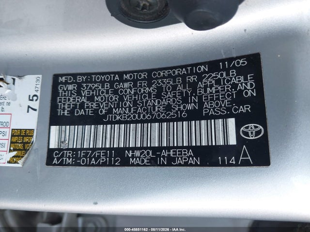 Aukcja sprzedaży 2006 Toyota Prius, vin: JTDKB20U067062516, numer aukcji: 45851162