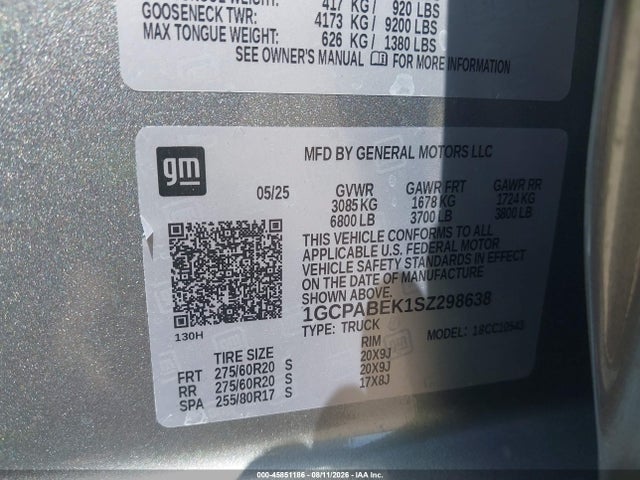 45851186 :رقم المزاد ، 1GCPABEK1SZ298638 vin ، 2025 Chevrolet Silverado 1500 Custom مزاد بيع