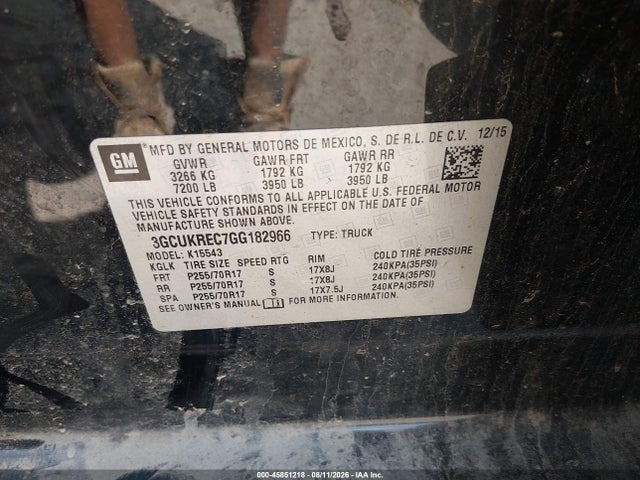 45851218 :رقم المزاد ، 3GCUKREC7GG182966 vin ، 2016 Chevrolet Silverado 1500 Lt مزاد بيع