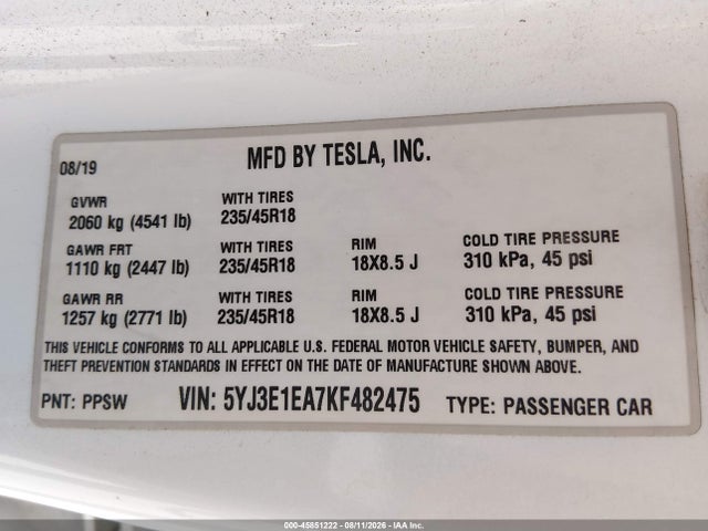 Продаж на аукціоні авто 2019 Tesla Model 3 Long Range/mid Range/standard Range/standard Range Plus, vin: 5YJ3E1EA7KF482475, номер лоту: 45851222