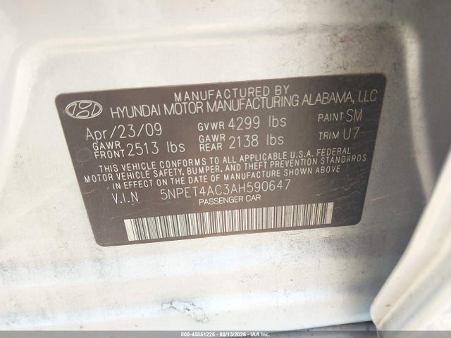 2010 Hyundai Sonata Gls მანქანა იყიდება აუქციონზე, vin: 5NPET4AC3AH590647, აუქციონის ნომერი: 45851225