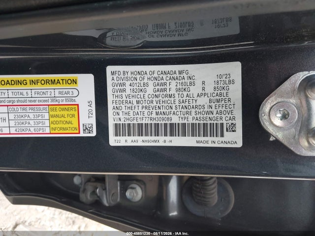 Продажа на аукционе авто 2024 Honda Civic Ex, vin: 2HGFE1F77RH309089, номер лота: 45851230