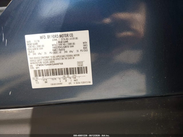 Aukcja sprzedaży 2019 Ford Explorer Xlt, vin: 1FM5K7D86KGA68768, numer aukcji: 45851239