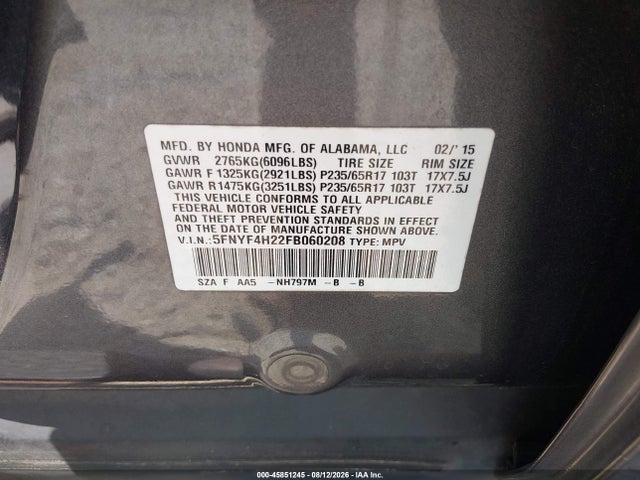 Honda PILOT LX 2015 5FNYF4H22FB060208 Image 9
