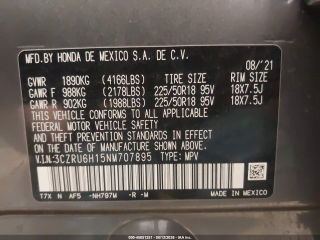 Продаж на аукціоні авто 2022 Honda Hr-v Awd Sport, vin: 3CZRU6H15NM707895, номер лоту: 45851251