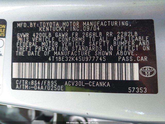 Продажа на аукционе авто 2005 Toyota Camry Le, vin: 4T1BE32K45U977745, номер лота: 45851261