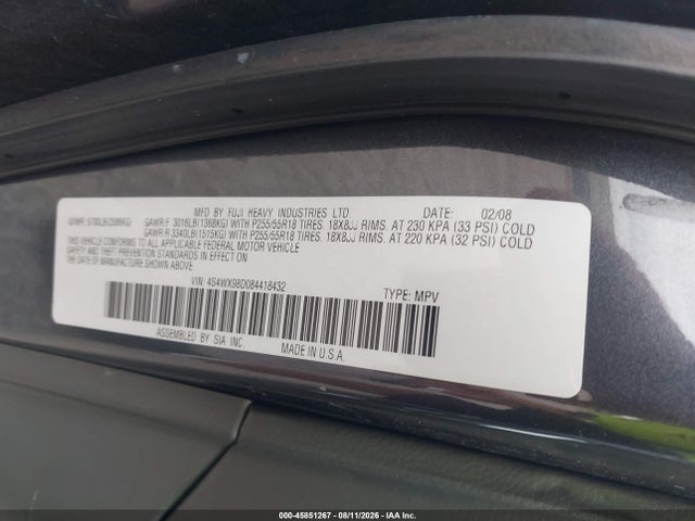 45851267 :رقم المزاد ، 4S4WX98D084418432 vin ، 2008 Subaru Tribeca Limited 7-passenger مزاد بيع