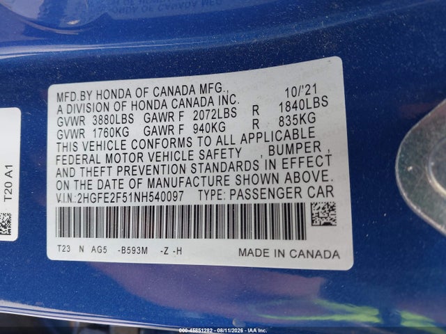2022 Honda Civic Sport მანქანა იყიდება აუქციონზე, vin: 2HGFE2F51NH540097, აუქციონის ნომერი: 45851282