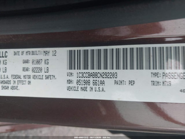 Aukcja sprzedaży 2012 Chrysler 200 Lx, vin: 1C3CCBAB8CN292203, numer aukcji: 45851312
