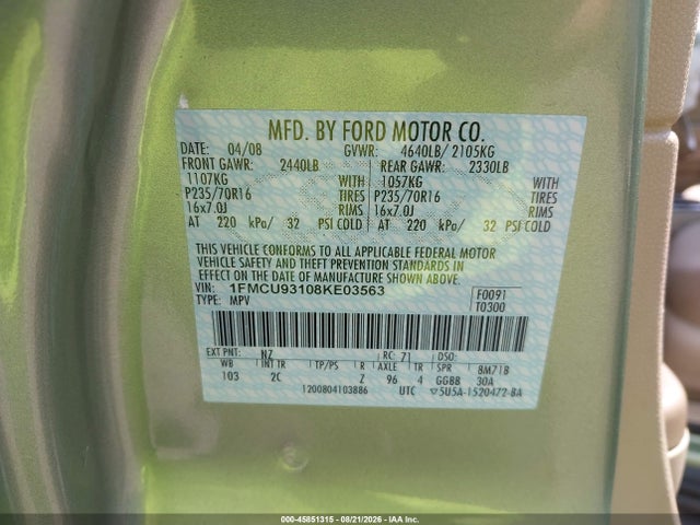 Продажа на аукционе авто 2008 Ford Escape Xlt, vin: 1FMCU93108KE03563, номер лота: 45851315