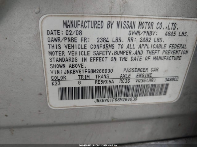 Продаж на аукціоні авто 2008 Infiniti G35x, vin: JNKBV61F68M266030, номер лоту: 45851319