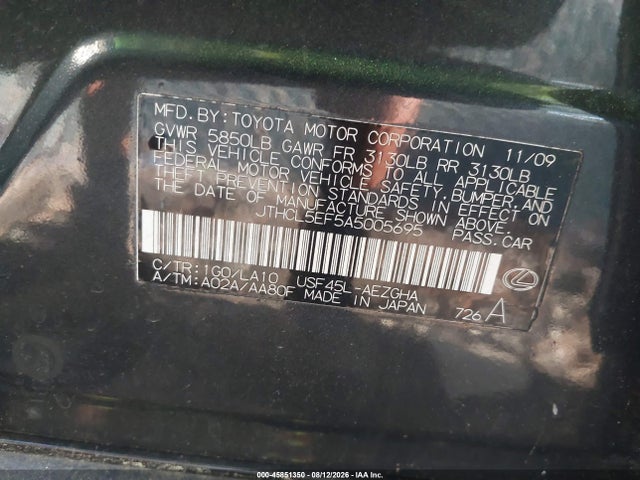 Aukcja sprzedaży 2010 Lexus Ls 460, vin: JTHCL5EF5A5005695, numer aukcji: 45851350